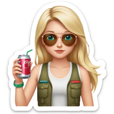 girl with long blond hair
with blue eyes
and aviator sunglasses
wearing white tank top 
holding a soda can
wearing (rose gold apple watch with forest green band) sticker