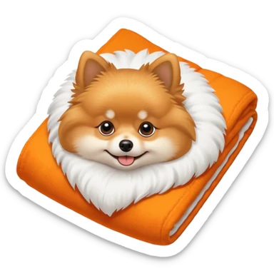 Pomeranian on top of a folded white big fluffy blanket sticker