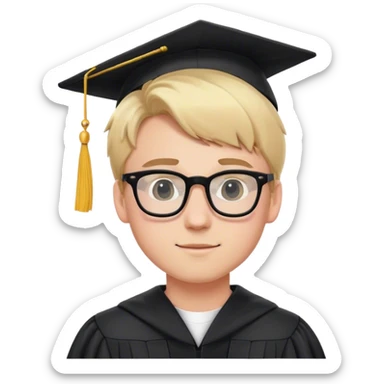 A blonde-haired young white man, wearing glasses, in the middle of his graduation with black and pink theme sticker