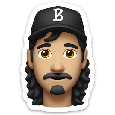 White guy with medium length shaggy black hair and a baseball hat. Brown eyes and a classic mustache no beard. Black hair sticker