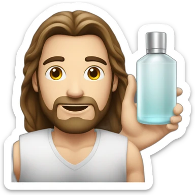 white skin men with long brunette hair with a perfum bottle sticker