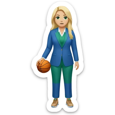 Full Body white plus size female basketball head coach with long blonde hair in a blue and green suit sticker