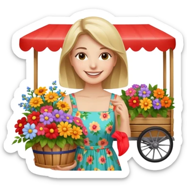 Shopper with flower bouquet,Farmers’ Market, background Flowers cart. sticker