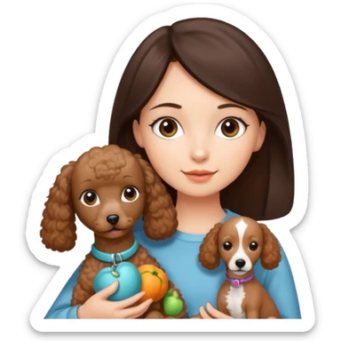 girl with dark brown straight hair holding apricot toy poodle and a greyhound sticker