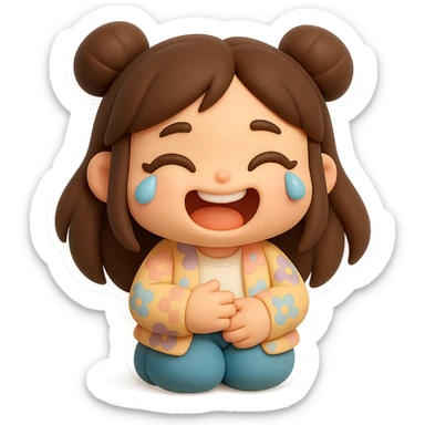 3D chibi style mochi girl, high-quality rendering with smooth shadows and soft gradients, long brown hair in two space buns, brown eyes, jeans, pastel floral cardigan, thick white outline like a sticker, transparent background, laughing to tears, holding her belly, preserve facial features from reference image sticker