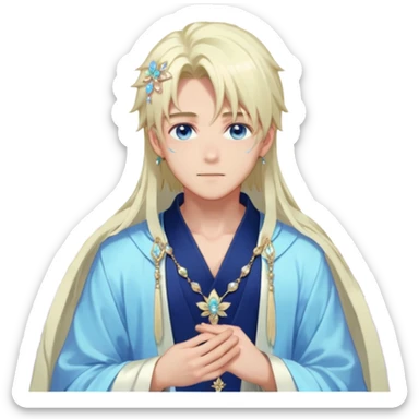 Beautiful gorgeous blushing blue-eyed youthful handsome anime guy with beautiful iridescent-pastel-whitish-special-medium-long-hair, fashion aesthetic, ethereal, fairycore, pastelcore, flower petals, crystals, layered robes, accessories, jewelries, gold, colorful, shiny, trending style, outside sticker