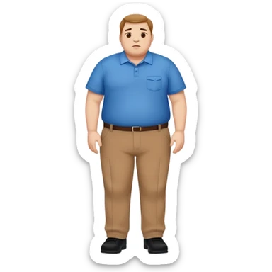 A man in a blue shirt, brown pants, and black shoes who is overweight. sticker