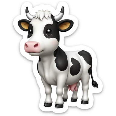 cinematic-[cow]-realistic-full-body-standing-emoji,-tail-flicking-lazily,-head-tilted-dramatically,-sleek-[black and white]-fur,-simplified-yet-realistic-focused-features,-highly-detailed,-glowing-with-an-almost-sarcastic-glow sticker