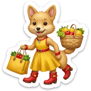 smiling-dog-in-a-yellow-dress,-red-boots,-carrying-a-market-bag sticker