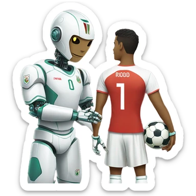 football player Ronaldo in a Portuguese national team T-shirt and next to him a robot shakes his hand sticker