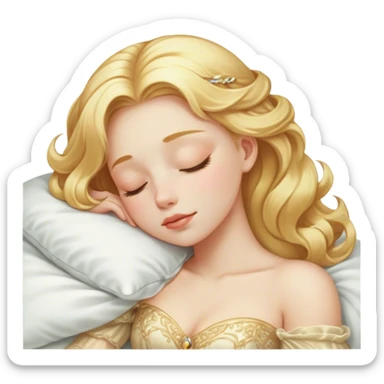 Cinematic Realistic Sleeping Cinderella Portrait, portrayed with exceptional realism: her luminous porcelain skin and exquisitely detailed golden-blonde hair lie softly under the gentle caress of natural light. Her eyes are peacefully closed in a serene, dreamlike slumber, and every fold and shimmer of her iconic ball gown is rendered with painstaking detail. The overall composition radiates a quiet, enchanting glow that encapsulates the timeless, restful beauty of a princess lost in a gentle, magical dream. sticker