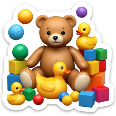 Colorful toys scattered together - teddy bear, rubber duck, toy blocks, ball, and action figures sticker