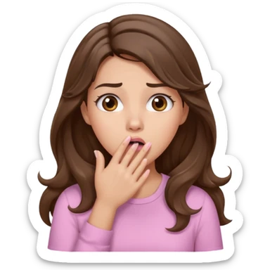 girl with wavy long brown hair, brown eyes, light to medium complexion, long lashes, light pink lipstick, wearing light pink shirt, shocked, hand covering mouth sticker