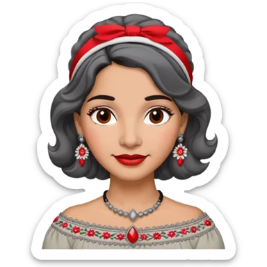 Latina woman, 50s, warm light brown skin, round soft face, wavy black and gray hair, red and white headband, medium eyes, thin eyebrows, gentle smile, gray peasant blouse, decorative embroidery, bare shoulders, large dark necklace sticker
