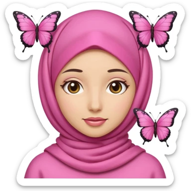 apple style emoji of a girl ASMR content creator, wearing a stylish pink hijab with butterfly hairclips on both sides (left and right), friendly and creative expression sticker