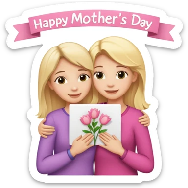 White woman with blonde hair and white woman with blonde hair, hugging with a sign that says happy Mother’s day above their heads sticker