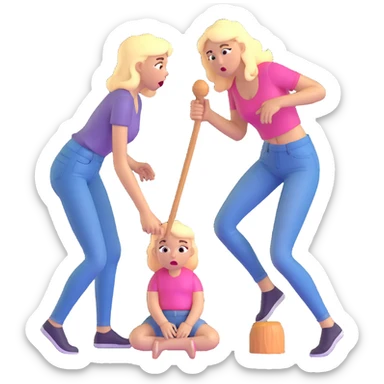 blond woman sitting on her knees with wide eyes, another man in jeans is staying (not sitting) on her left, she's holding a wide skin-colored stick with a D-shaped knob, the stick and the nob have skin texture, water squirting from the knob into her mouth, shocked face sticker