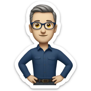caucasian white man with dark hair, blue glasses, and carrying design plan because he is an architect and a pencil and a set model maquette. wearing a navy blue long sleeve shirt. smart.  sticker