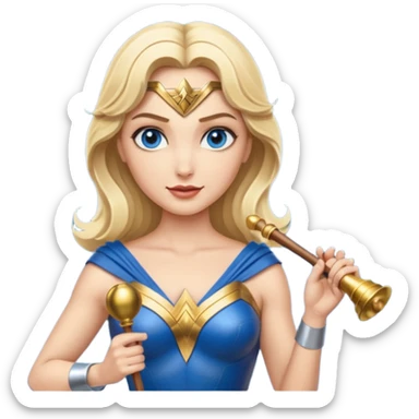 Blonde blue eyes Wonder Woman holding bell and short white orchestra conductor’s baton  sticker