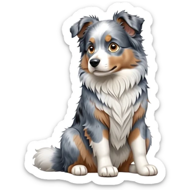 cinematic-[australian shepherd dog]-realistic-full-body-sitting-emoji,-tail-resting-loosely-beside-its-paws,-head-tilted-dramatically,-scruffy-[blue merle]-fur,-simplified-yet-realistic-focused-features,-highly-detailed,-glowing-with-an-almost-sarcastic-glow sticker