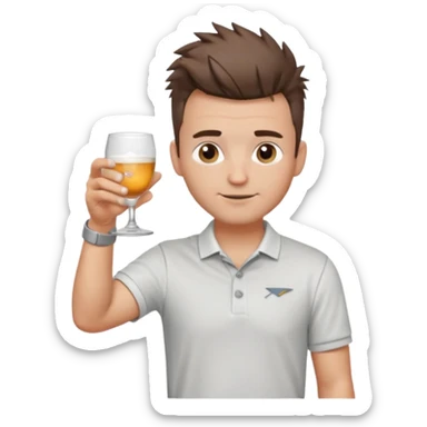Handsome male.short messy brown hair.mowhawk hairstyle. wearing white golf shirt.grey shorts. Cheersing with a small glass. Wedding ring sticker