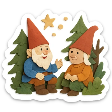 two gnomes in a forest, sitting next to each other, talking, magical details, layered paper look, paper craft style sticker