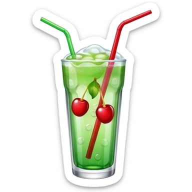 Create an emoji with a clear rounded glass, bright transparent green soda with fine bubbles, a smooth vanilla scoop, a glossy red cherry, and a red straw, using vibrant colors, soft shading, and clear glass highlights.
 sticker