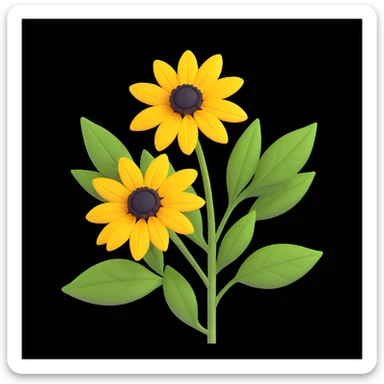 yellow rudbeckia flower with green leaves, 3D volumetric iOS style, white background, realistic shading and highlights sticker
