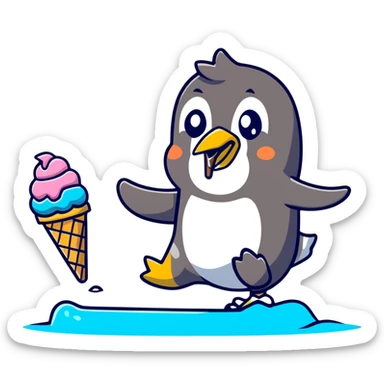 Clumsy penguin slipping on ice with ice cream cone sticker