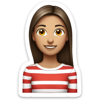 Portrait of an adult girl, tanned skin, dark long straight brown hair, dark eyes, smiling, wearing a white long sleeve with red horizontal thin stripes. sticker