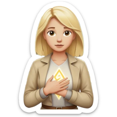 back of a blonde woman in front of a 2 crossroads paths ..places a hand on their chest, the light path, symbolizing their decision to respond instead of react with peace. light trail on mountains sticker