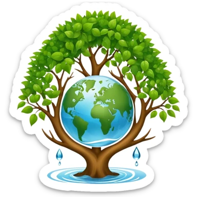 An icon featuring a tree, a recycling symbol, and a globe, representing ecology. The design includes green leaves, a water droplet, and wildlife, symbolizing the study of ecosystems, sustainability, and environmental protection. Transparent background. sticker