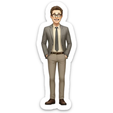 Joyful Full height Pale skinned Fit Man With dark brown hair in gray jacket, beige office shirt, Brown pants and vintage glasses. His thrumbs up sticker
