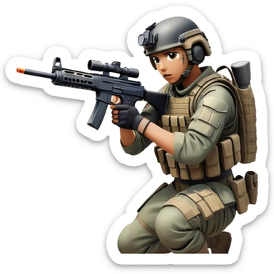 A skilled airsoft player in tactical gear, aiming a gun and shooting metal BBs in a desolate, ruined landscape. The setting is filled with broken walls and debris, creating a tense atmosphere of strategy and precision in a high-stakes tactical environment sticker