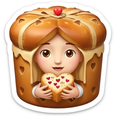 Apple-style emoji illustration of a cute face with dreamy eyes hugging a traditional panettone, small hearts floating around, soft 3D emoji style, smooth gradients, rounded shapes, warm festive colors, simple expression, centered composition, transparent background, no text. sticker