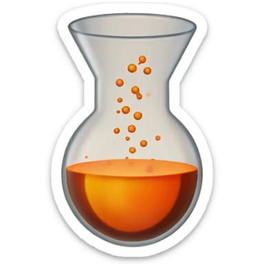 Redish Brown Bromine with an orange aroma in a circular beaker with a tan cork in the top of the beaker sticker