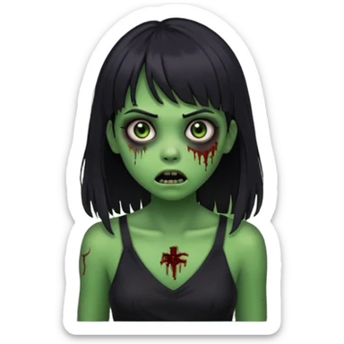 faça uma garota na forma de zumbi com a pele verde, assustada e com os olhos escurod, com o cabelo preto com franja e longo e a roupa decotada preta sticker