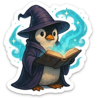 penguin wizard holding an open spellbook, magical aura sticker
