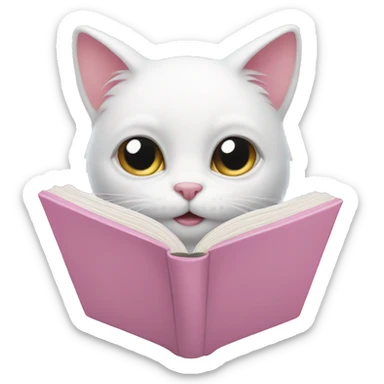 White cat is reading soft pink book sticker