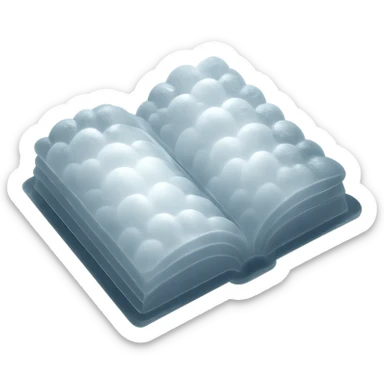 top view of a thick open book made entirely of small, very bright white fluffy convex clouds, matte glass style sticker
