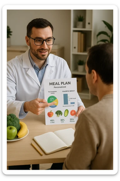 a nutritionist sits at a desk with a client, showing a personalized meal plan and a chart that clearly displays the client’s specific daily caloric deficit. The nutritionist points to the chart, which includes recommended calories, macronutrient breakdown, and healthy food options. The mood is professional, supportive, and educational. in italiano sticker