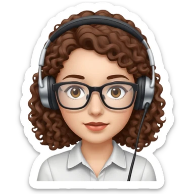 White female  Long Brown curly hair  Dark brown eyes  
 Small Square glasses  Headset  sticker