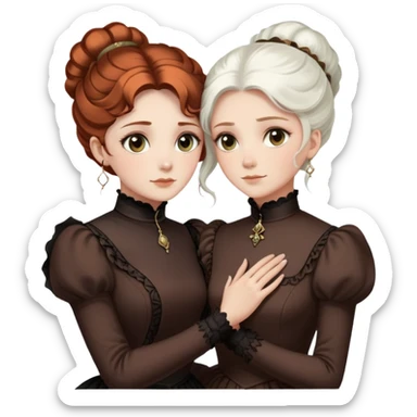 Two Victorian women with light eyes hugging closely, one with elegant white coiffed hair and one with dark copper coiffed hair, both wearing high-necked Victorian turtleneck dresses sticker