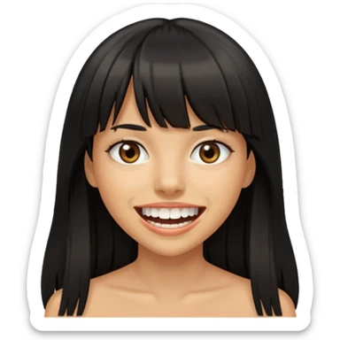 Woman a little tan with long black hairs and bangs, appearing teeth sticker