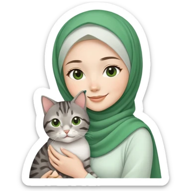 Asian White girl wearing green hijab and white dress holding a black grey tabby cat while smiling.  sticker