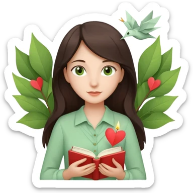 Gentle woman with fair skin, long dark brown hair, green eyes, light green blouse, holding a book to her chest. Surrounded by a heart, paper crane, leaves, and candle. Waist-up, front-facing sticker