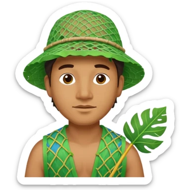 Hawaiian man with colorful cloth and leaf hat green and fishing net sticker