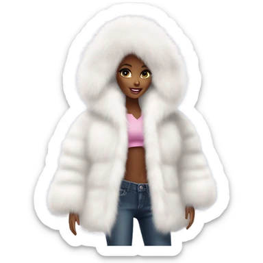 Barbie looking emoji  in an extremely big fluffy oversized white fur coat with hood on. The fur is real and it’s very obvious big and fluffy like in Pinterest  sticker