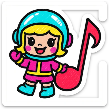 Popmart Space Molly as a Rednote emoji, chibi doll proportions, red musical note accent, glossy helmet, cheerful expression, cartoon style sticker