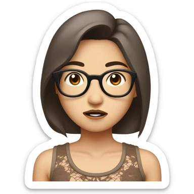 asian girl with brown wolfcut hair and glasses with brown lace tanktop shocked sticker
